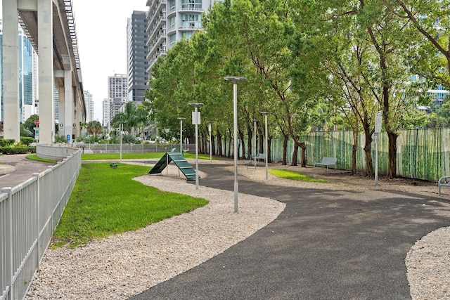 surrounding community featuring a city view and fence