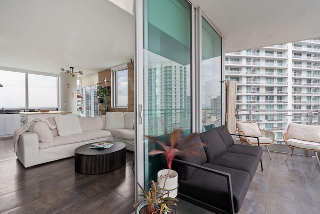 living area with a wall of windows