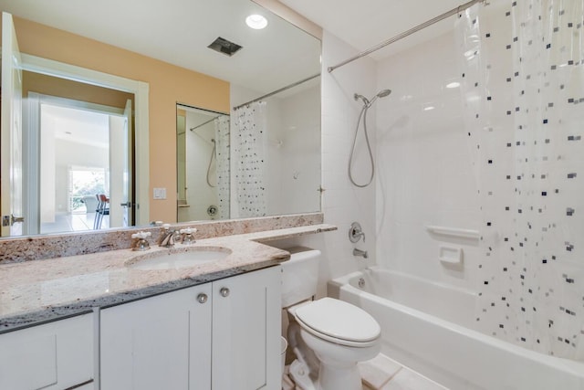 full bathroom with vanity, tile patterned flooring, shower / bathtub combination with curtain, and toilet