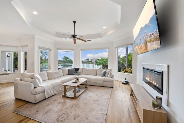 living room with light hardwood / wood-style flooring, a tray ceiling, and a wealth of natural light