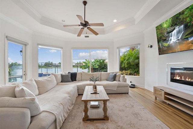 living room featuring light hardwood / wood-style floors, crown molding, a wealth of natural light, and a raised ceiling