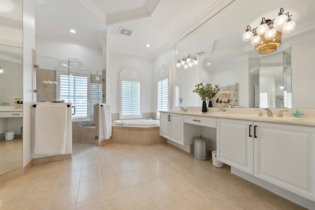 bathroom with vanity, ornamental molding, independent shower and bath, and tile patterned floors