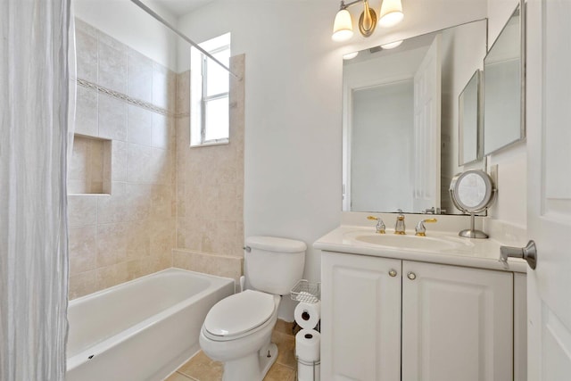 full bathroom featuring vanity, shower / bath combo, toilet, and tile patterned flooring