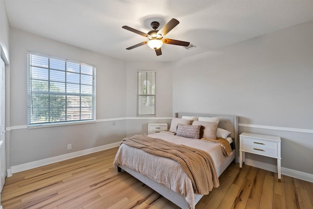 bedroom with light hardwood / wood-style floors and ceiling fan