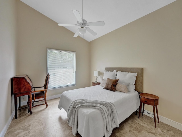 bedroom featuring vaulted ceiling and ceiling fan