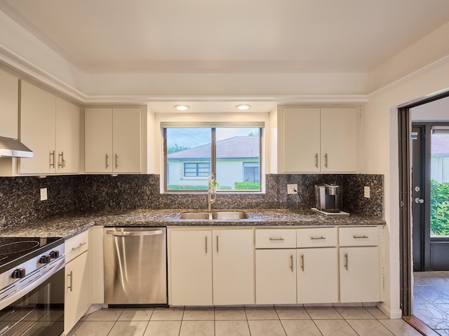 kitchen featuring stainless steel appliances, sink, dark stone counters, range hood, and decorative backsplash