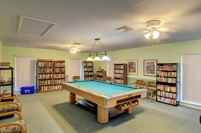 rec room with ceiling fan, billiards, and carpet