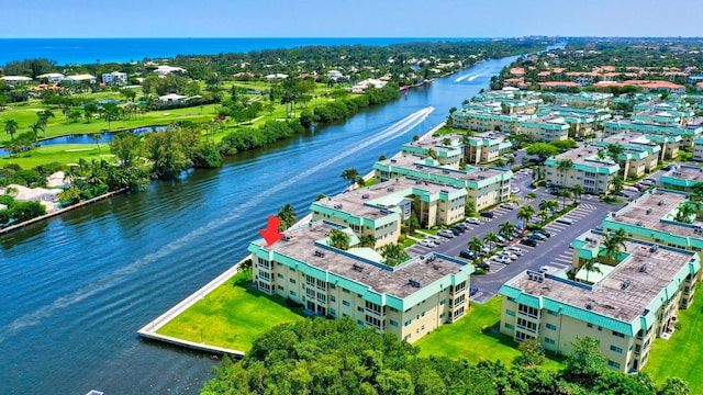 bird's eye view with a water view