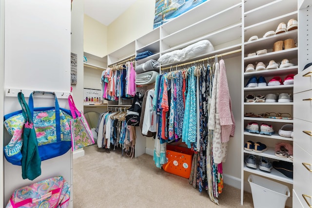 walk in closet with light colored carpet