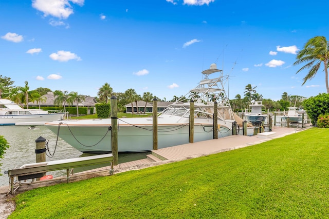 dock area featuring a yard and a water view