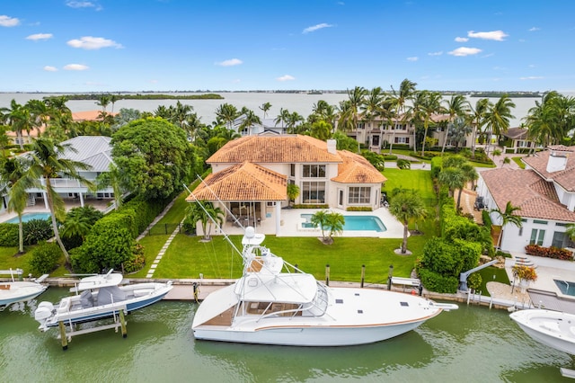 drone / aerial view with a water view