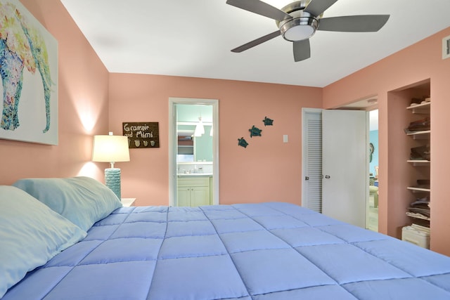 bedroom with a closet, a walk in closet, ceiling fan, and ensuite bathroom