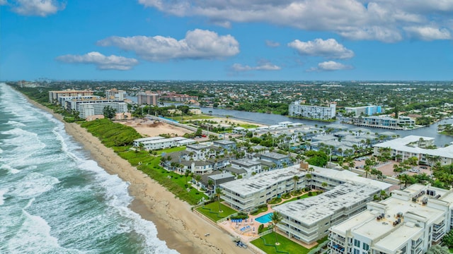 aerial view featuring a beach view and a water view