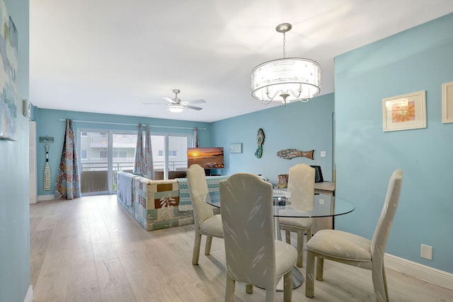 dining area with ceiling fan and light wood-type flooring