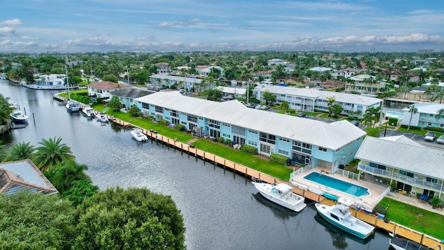 aerial view featuring a water view