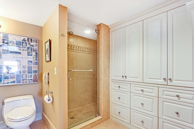 bathroom with toilet, walk in shower, and tile patterned flooring