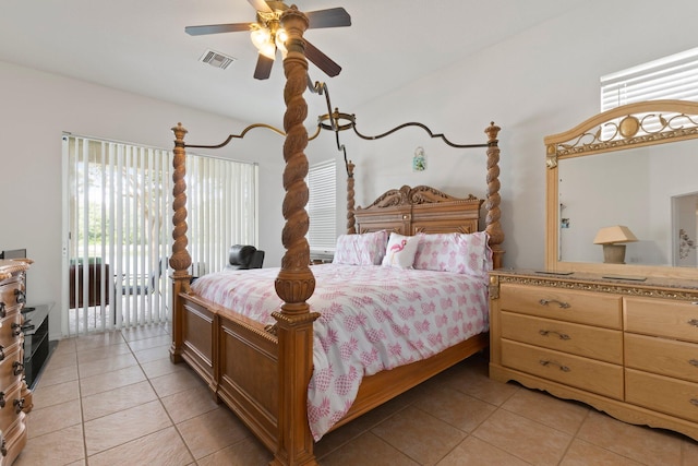 bedroom featuring ceiling fan, access to exterior, and light tile patterned floors