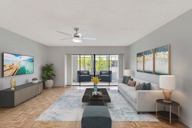 living room featuring light parquet flooring and ceiling fan