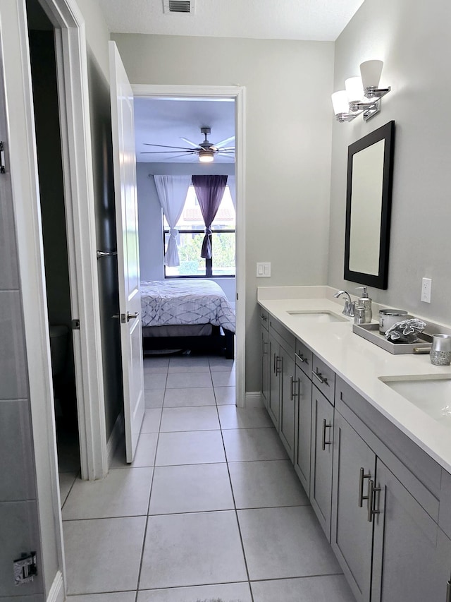 bathroom with tile patterned floors, ceiling fan, and vanity