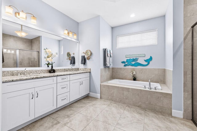 bathroom with vanity, separate shower and tub, and tile patterned floors