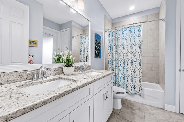 full bathroom with vanity, toilet, tile patterned floors, and shower / bathtub combination with curtain