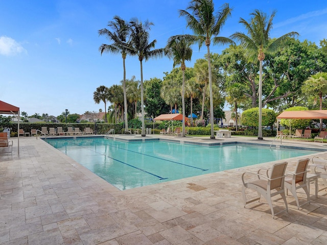 view of swimming pool featuring a patio area