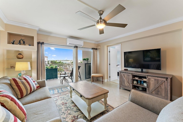 tiled living room featuring ornamental molding and ceiling fan