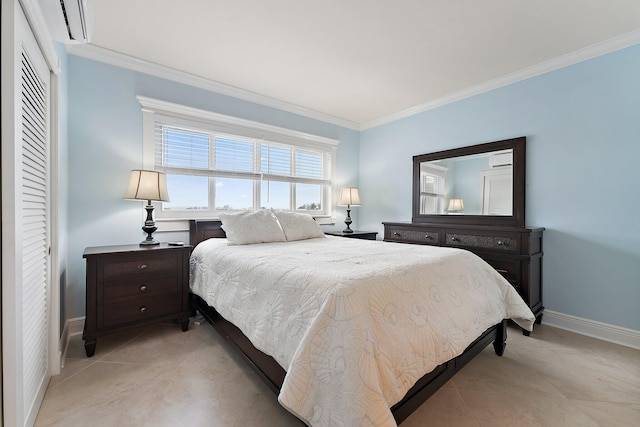 bedroom with ornamental molding and sink