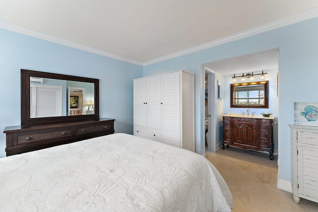 bedroom featuring a closet, crown molding, and a wall unit AC