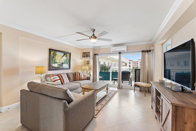 tiled living room with crown molding, an AC wall unit, and ceiling fan