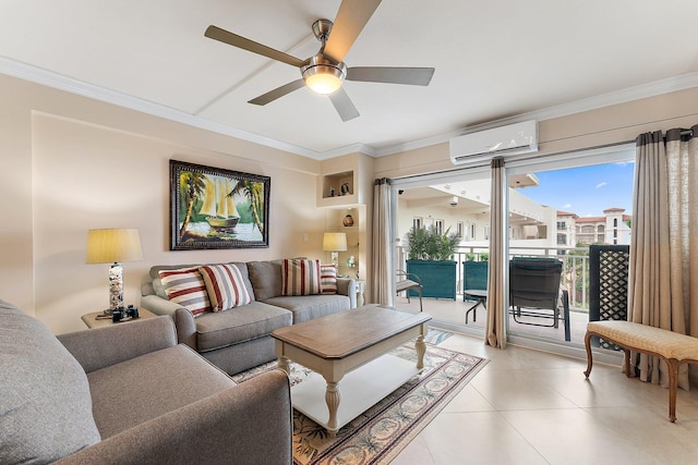 tiled living room with ornamental molding, a wall mounted AC, built in features, and ceiling fan