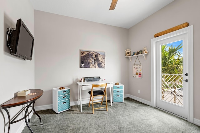 office with ceiling fan and carpet flooring