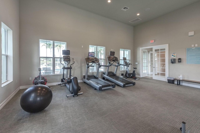 exercise room featuring french doors, carpet floors, a towering ceiling, and plenty of natural light