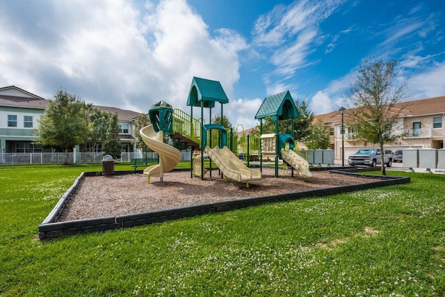 view of jungle gym with a yard