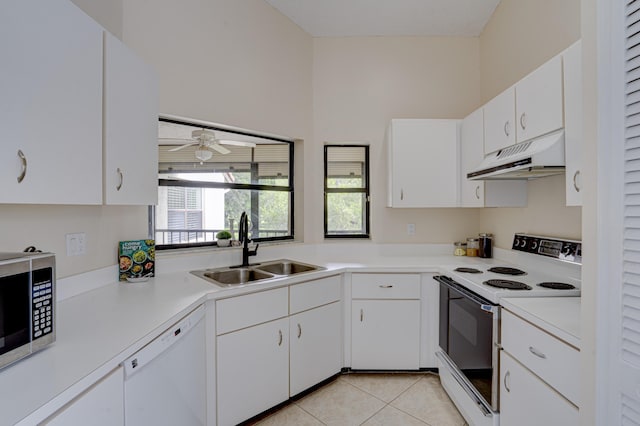 kitchen with white cabinets, ceiling fan, white appliances, and sink