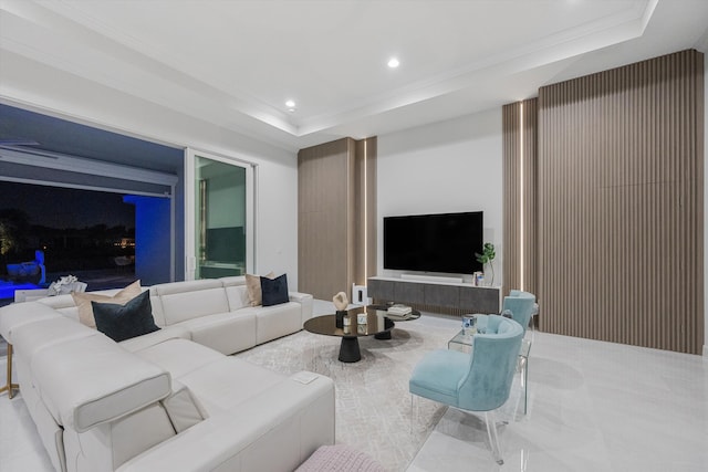 living room with a raised ceiling