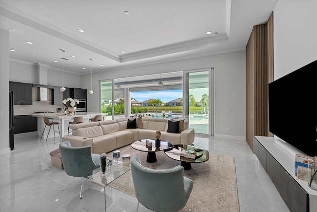 living room with ornamental molding, a textured ceiling, and a tray ceiling