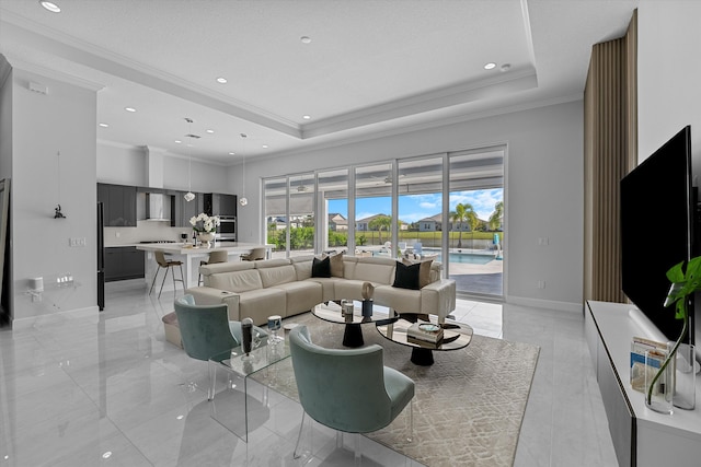 living room with crown molding and a tray ceiling