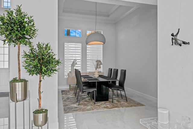 dining room with a raised ceiling, ornamental molding, and plenty of natural light