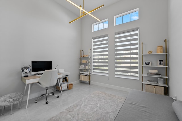 tiled office featuring a high ceiling