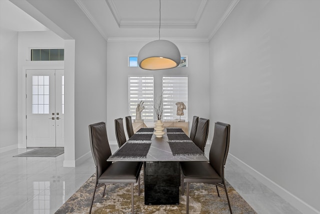 dining space with ornamental molding