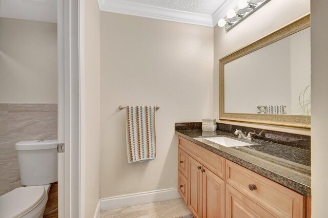 bathroom featuring vanity, crown molding, and a textured ceiling