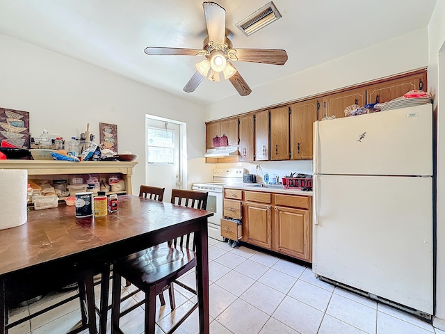 kitchen with sink, ceiling fan, white appliances, and light tile patterned floors