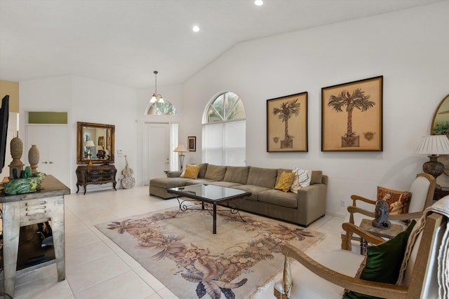 tiled living room featuring lofted ceiling