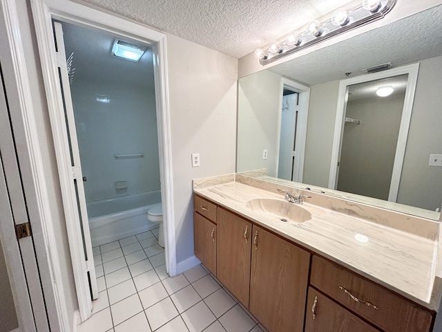 full bathroom featuring a textured ceiling, toilet, tile patterned flooring, vanity, and shower / bath combination