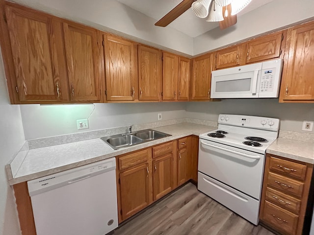 kitchen featuring dark hardwood / wood-style flooring, ceiling fan, sink, and white appliances