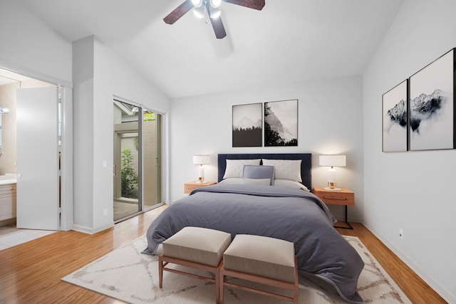 bedroom with access to exterior, ceiling fan, ensuite bathroom, vaulted ceiling, and light wood-type flooring