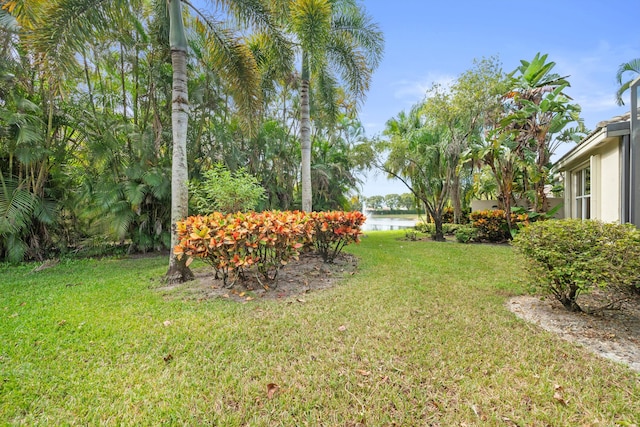 view of yard with a water view