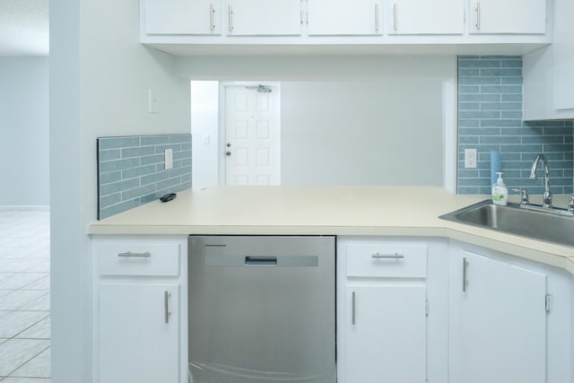 kitchen featuring sink, stainless steel dishwasher, white cabinetry, and tasteful backsplash