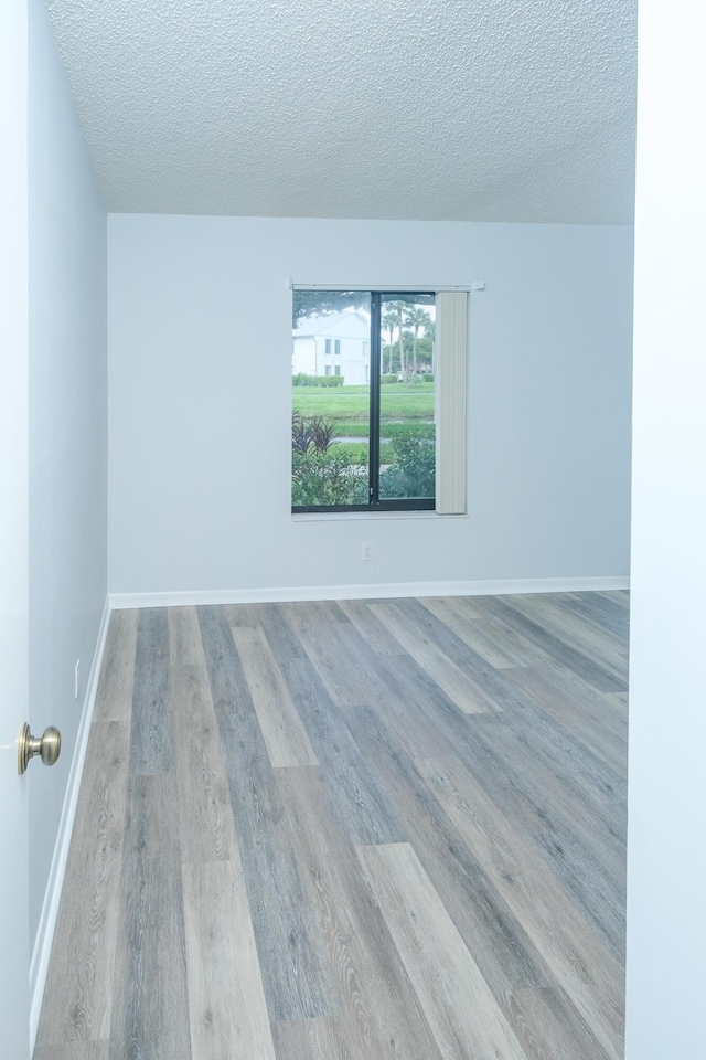 unfurnished room featuring light hardwood / wood-style floors and a textured ceiling